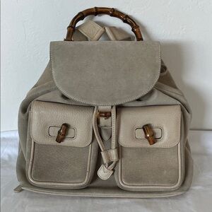 Gucci Neutral Color Tom Ford Era Bamboo-Handle Leather and Suede Backpack
